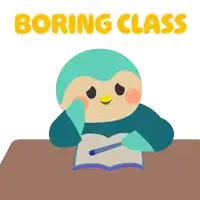 an illustration of a penguin sitting at a desk with the words " boring class " above it