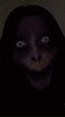 a close up of a person 's face in the dark with white eyes