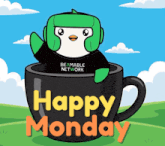 a penguin wearing a beamable network shirt is sitting in a cup