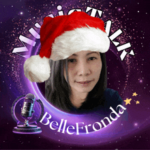 a woman wearing a santa hat is surrounded by the words belle fronda and a microphone