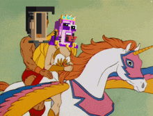 a cartoon of a man riding a unicorn with a pixelated face