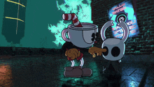 cuphead and hollow knight are standing next to each other in front of a sign that says ' walls water '