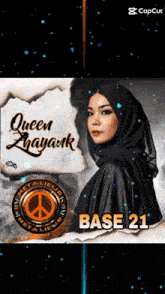 a woman wearing a black hijab is on a poster that says queen zhayak