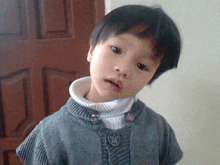 a little boy wearing a sweater and a turtleneck looks at the camera
