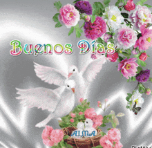 a greeting card that says buenos dias with two birds and flowers