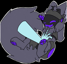 a drawing of a gray and purple furry animal with a blue object in its mouth