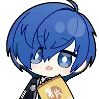 a cartoon character with blue hair is holding a yellow bag with chinese writing on it