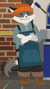 a cartoon of a raccoon wearing an apron and hat