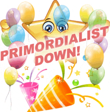 a cartoon star surrounded by balloons with the words primordialist down below it