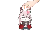 a hand is petting a cartoon character with a red bow on her head