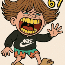 a cartoon of a boy wearing a nike sweatshirt and shorts