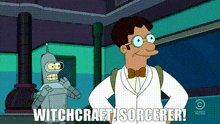 a cartoon character says witchcraft sorcerer while standing next to another character