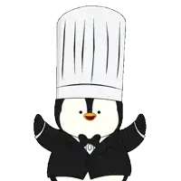 a penguin wearing a chef 's hat and a bow tie
