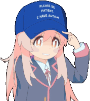 a cartoon girl wearing a blue hat that says please be patient i have autism