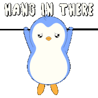 a penguin is hanging upside down with the words hang in there written above it