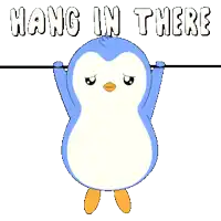 a penguin is hanging upside down with the words hang in there written above it
