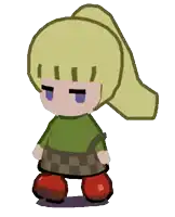 a little girl with blonde hair is wearing a green shirt and a checkered skirt