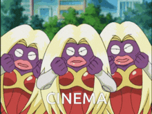 three cartoon characters are standing next to each other and the word cinema is on the bottom right