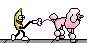 a pixel art cartoon of a banana and a poodle .