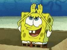 a cartoon character named spongebob is smiling and covering his face with his hands
