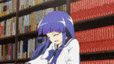 a girl with purple hair is standing in front of a bookshelf filled with books including one that says encyclopedia