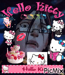 a girl with glasses is surrounded by hello kitty pictures