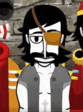 a cartoon of a man with a bandage on his eye and vita written on the bottom
