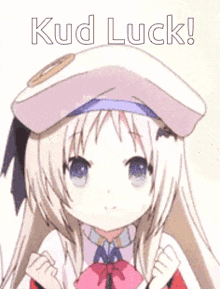 a cartoon girl with her eyes closed and the words " kud luck " written above her