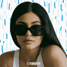 a woman wearing sunglasses and a white tank top with the name ranjam on the bottom