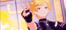 a cartoon character is giving a peace sign with his fingers