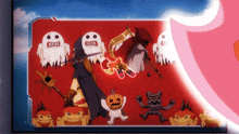 a cartoon drawing of a ghost holding a sword and a pumpkin holding a trumpet