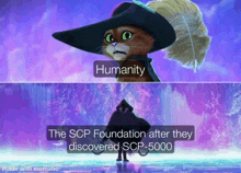 a cat wearing a hat and cape is next to a man in a cape and the caption says humanity