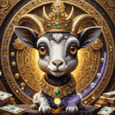 a painting of a goat wearing a crown surrounded by money
