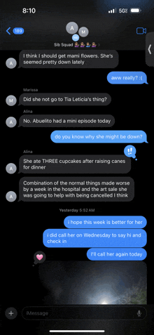 a screenshot of a text conversation between marissa and aina at 8:10