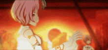 a girl with pink hair is standing in front of a red and yellow background