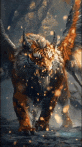 a tiger with horns and wings is walking in the snow