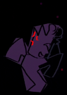a purple and black drawing of a person with red eyes and a black background .