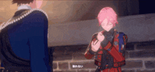two anime characters are standing next to each other in front of a brick wall . one of the characters has pink hair .