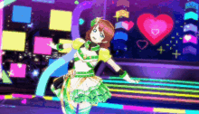 a girl in a green and yellow dress is dancing on a stage with hearts in the background