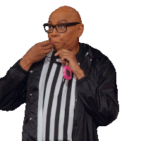 a bald man wearing glasses and a striped shirt is holding a pink donut in his mouth