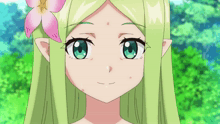 a girl with green hair and a pink flower in her hair