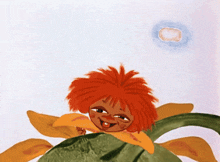 a cartoon character with red hair is smiling while sitting on a flower