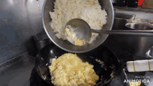 a bowl of rice is being poured into a frying pan with the words made in animatica visible