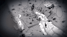 a black and white drawing of a man laying on the ground