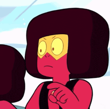a cartoon character with red hair and a yellow eye