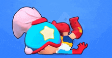 a cartoon character is laying on the ground with a star on his back .