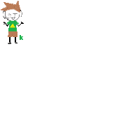 a pixel art drawing of a boy wearing a green shirt with the letter k on it