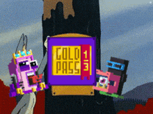 a cartoon character holding a purple box that says gold pass on it