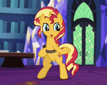 sunset shimmer from my little pony is standing in front of a purple door