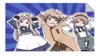 a group of anime characters standing next to each other on a blue background